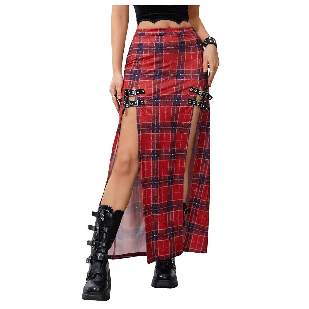 6560 Buckle Double Split Thigh High Punk Goth Maxi Skirt Y2K Clubwear Red